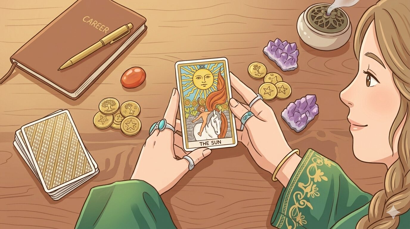 太陽のカードを引いた占い師のイラスト