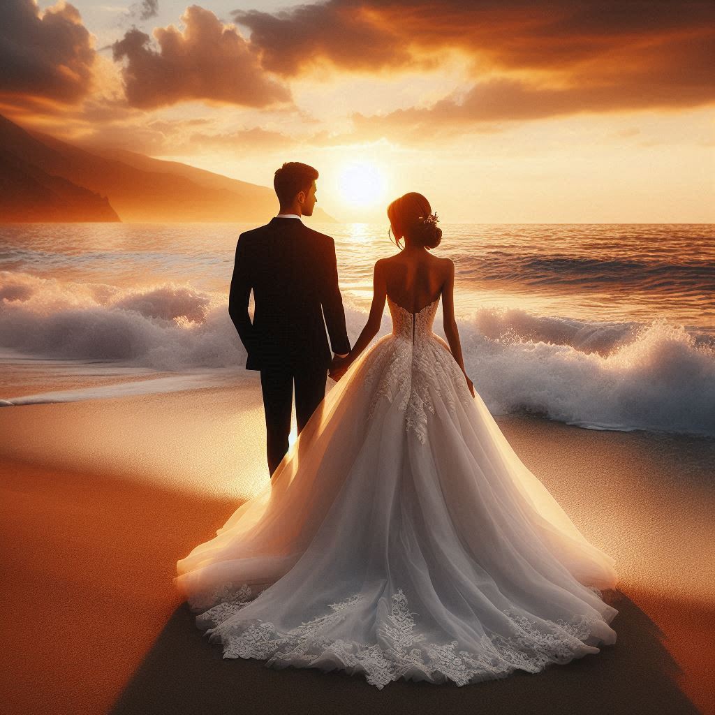 海辺を歩く新郎新婦の後ろ姿のイラスト