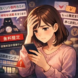 メール占いに騙された女性のイラスト