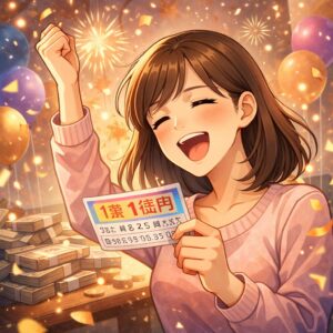 宝くじが当たって喜んでいる女性のイラスト