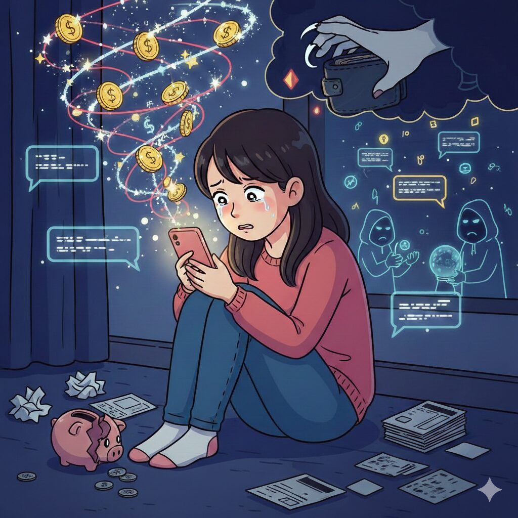 金運占いで詐欺にあって泣いている女性のイラスト