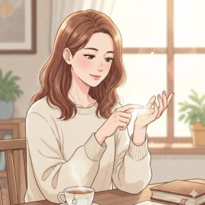 手相で子宝線を探している女性のイラスト