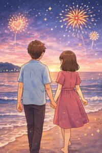 砂浜を歩いているカップルの後ろ姿